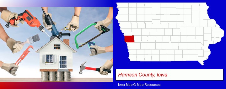 home improvement concepts and tools; Harrison County, Iowa highlighted in red on a map