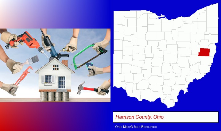 home improvement concepts and tools; Harrison County, Ohio highlighted in red on a map