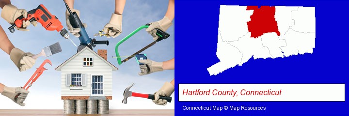 home improvement concepts and tools; Hartford County, Connecticut highlighted in red on a map