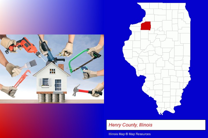 home improvement concepts and tools; Henry County, Illinois highlighted in red on a map