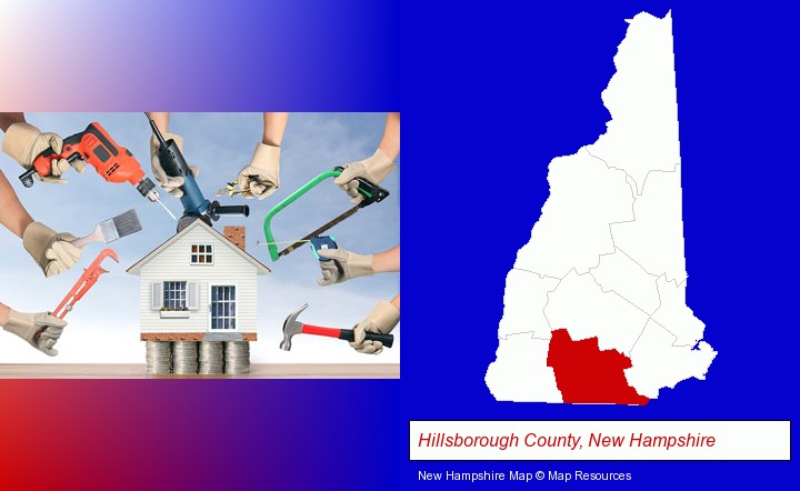 home improvement concepts and tools; Hillsborough County, New Hampshire highlighted in red on a map