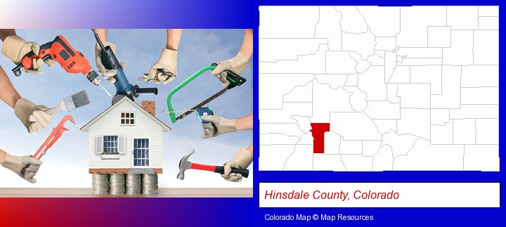 home improvement concepts and tools; Hinsdale County, Colorado highlighted in red on a map