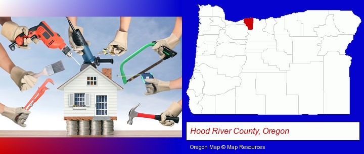 home improvement concepts and tools; Hood River County, Oregon highlighted in red on a map
