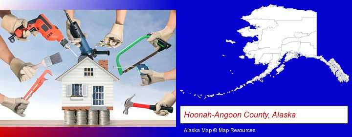 home improvement concepts and tools; Hoonah-Angoon County, Alaska highlighted in red on a map