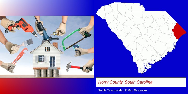 home improvement concepts and tools; Horry County, South Carolina highlighted in red on a map