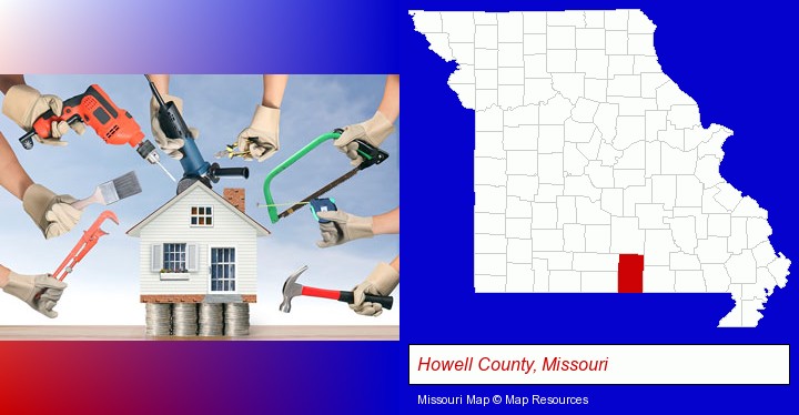 home improvement concepts and tools; Howell County, Missouri highlighted in red on a map