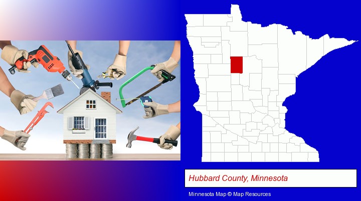 home improvement concepts and tools; Hubbard County, Minnesota highlighted in red on a map
