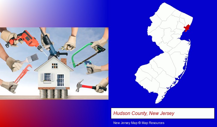 home improvement concepts and tools; Hudson County, New Jersey highlighted in red on a map