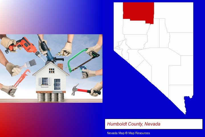 home improvement concepts and tools; Humboldt County, Nevada highlighted in red on a map