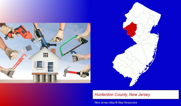 home improvement concepts and tools; Hunterdon County, New Jersey highlighted in red on a map