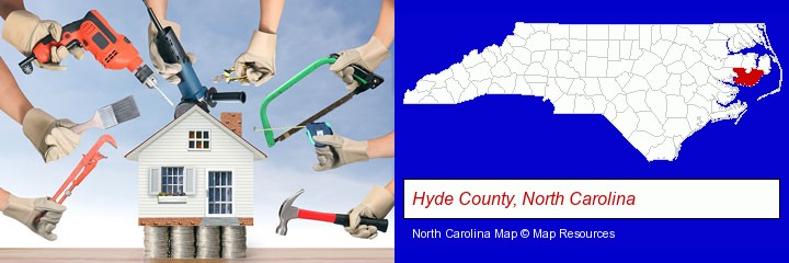home improvement concepts and tools; Hyde County, North Carolina highlighted in red on a map