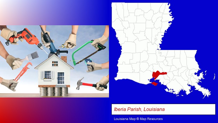 home improvement concepts and tools; Iberia Parish, Louisiana highlighted in red on a map