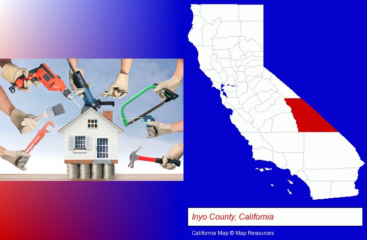 home improvement concepts and tools; Inyo County, California highlighted in red on a map