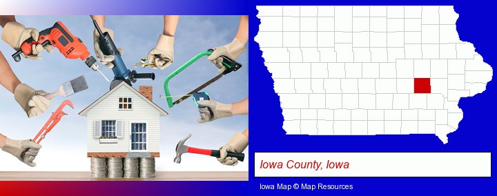 home improvement concepts and tools; Iowa County, Iowa highlighted in red on a map