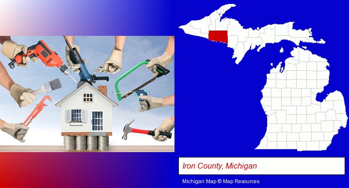 home improvement concepts and tools; Iron County, Michigan highlighted in red on a map