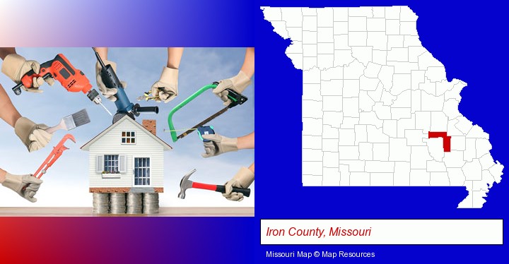 home improvement concepts and tools; Iron County, Missouri highlighted in red on a map