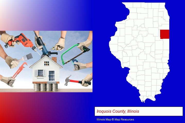 home improvement concepts and tools; Iroquois County, Illinois highlighted in red on a map