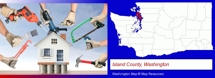 home improvement concepts and tools; Island County, Washington highlighted in red on a map