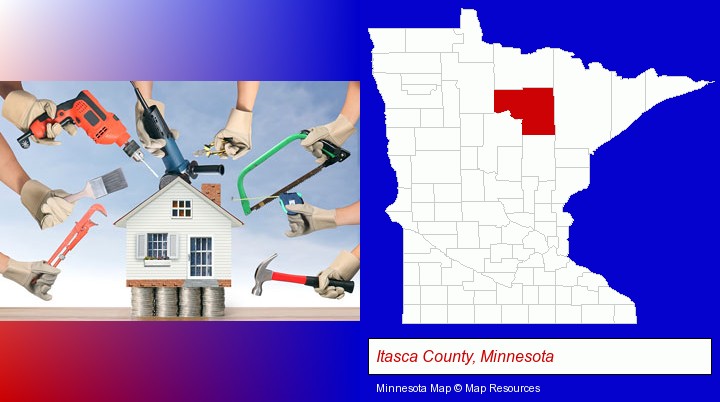 home improvement concepts and tools; Itasca County, Minnesota highlighted in red on a map