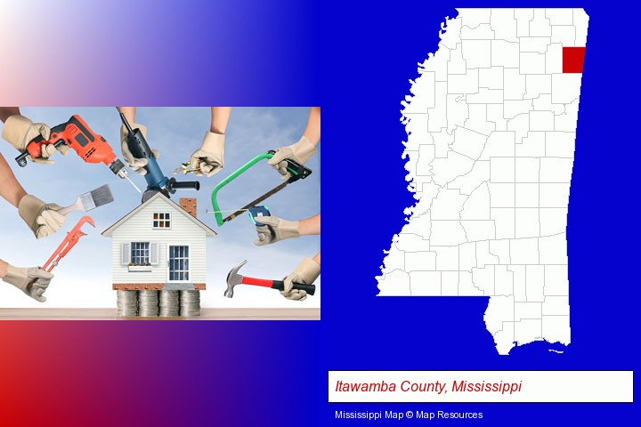 home improvement concepts and tools; Itawamba County, Mississippi highlighted in red on a map