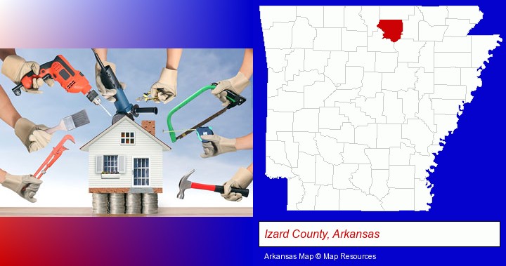 home improvement concepts and tools; Izard County, Arkansas highlighted in red on a map