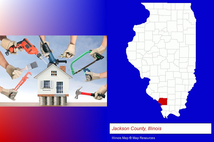 home improvement concepts and tools; Jackson County, Illinois highlighted in red on a map