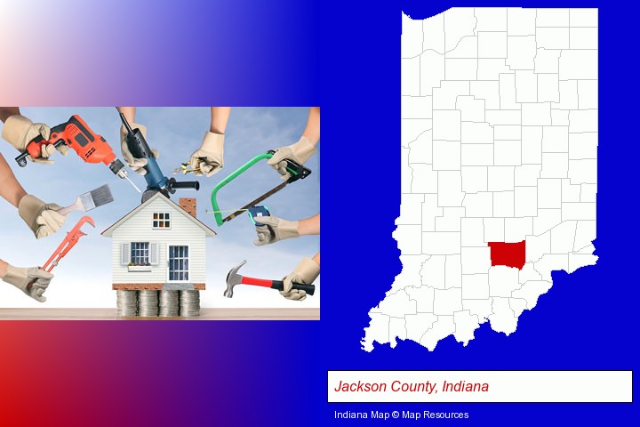 home improvement concepts and tools; Jackson County, Indiana highlighted in red on a map