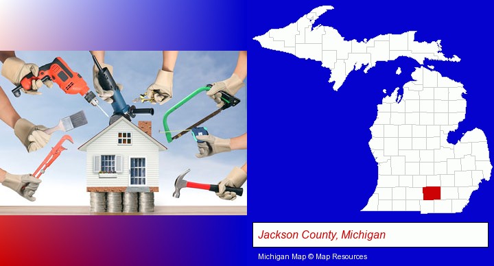 home improvement concepts and tools; Jackson County, Michigan highlighted in red on a map