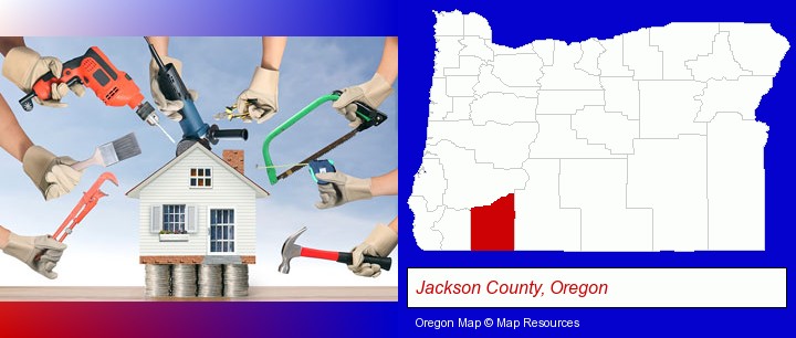 home improvement concepts and tools; Jackson County, Oregon highlighted in red on a map