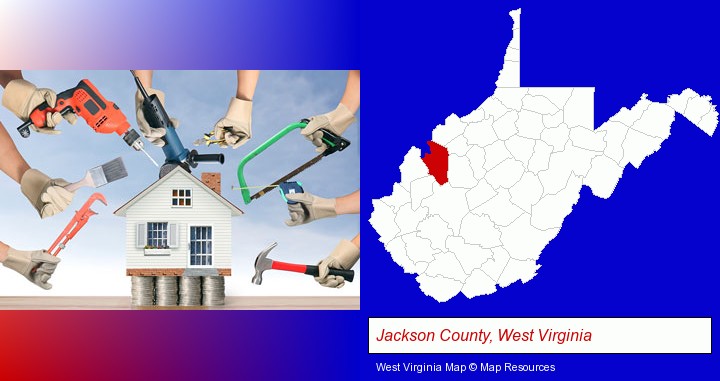 home improvement concepts and tools; Jackson County, West Virginia highlighted in red on a map