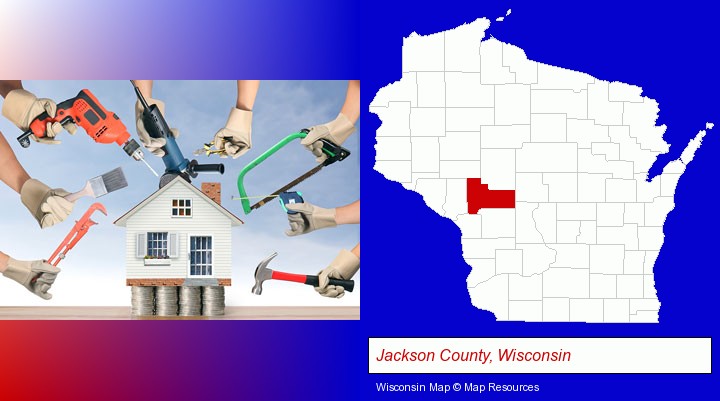 home improvement concepts and tools; Jackson County, Wisconsin highlighted in red on a map