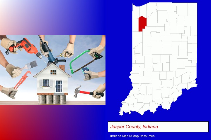 home improvement concepts and tools; Jasper County, Indiana highlighted in red on a map
