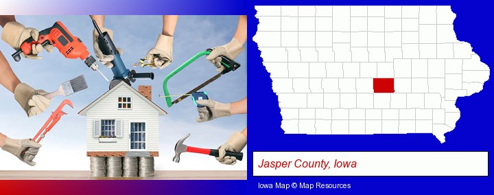 home improvement concepts and tools; Jasper County, Iowa highlighted in red on a map