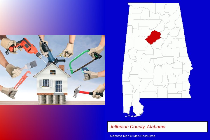 home improvement concepts and tools; Jefferson County, Alabama highlighted in red on a map