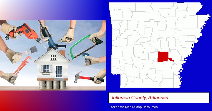 home improvement concepts and tools; Jefferson County, Arkansas highlighted in red on a map