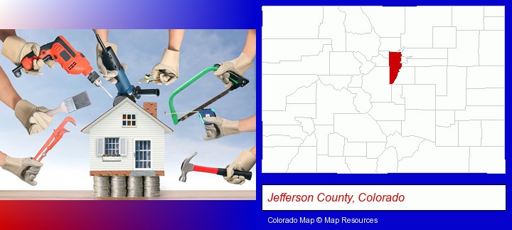 home improvement concepts and tools; Jefferson County, Colorado highlighted in red on a map