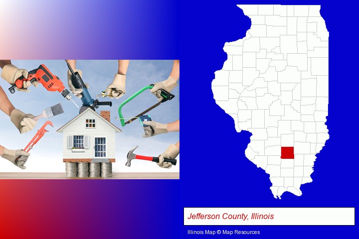 home improvement concepts and tools; Jefferson County, Illinois highlighted in red on a map