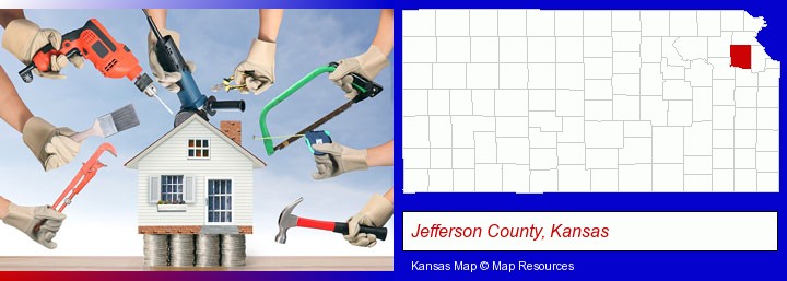 home improvement concepts and tools; Jefferson County, Kansas highlighted in red on a map