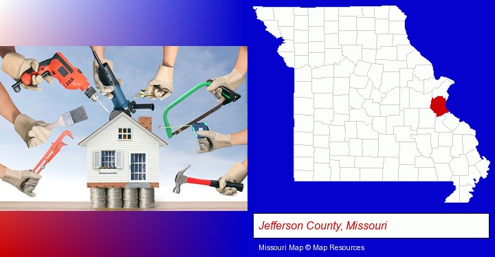 home improvement concepts and tools; Jefferson County, Missouri highlighted in red on a map