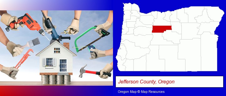 home improvement concepts and tools; Jefferson County, Oregon highlighted in red on a map
