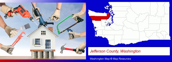 home improvement concepts and tools; Jefferson County, Washington highlighted in red on a map