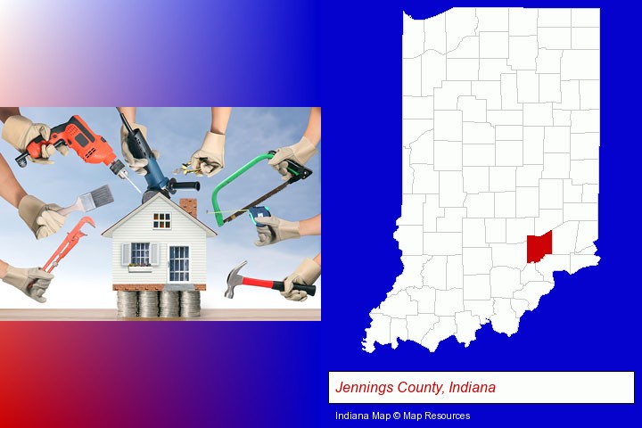 home improvement concepts and tools; Jennings County, Indiana highlighted in red on a map