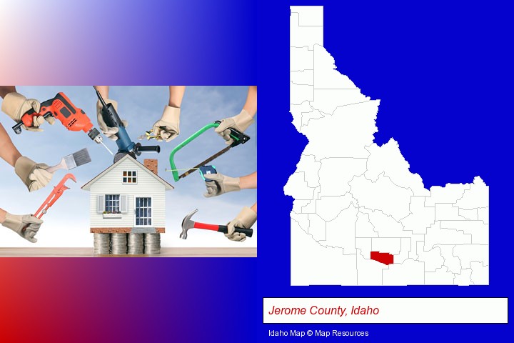 home improvement concepts and tools; Jerome County, Idaho highlighted in red on a map