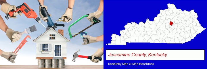 home improvement concepts and tools; Jessamine County, Kentucky highlighted in red on a map