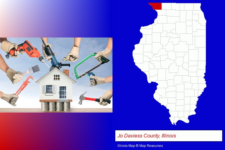 home improvement concepts and tools; Jo Daviess County, Illinois highlighted in red on a map