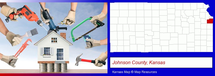 home improvement concepts and tools; Johnson County, Kansas highlighted in red on a map