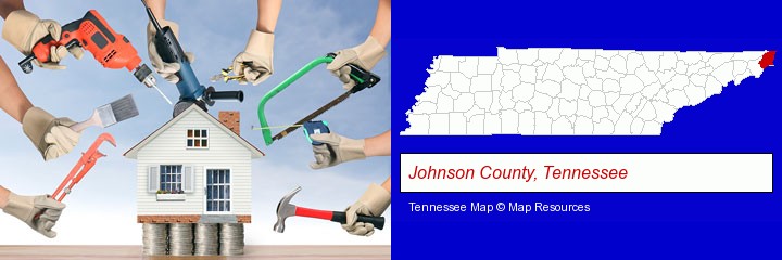 home improvement concepts and tools; Johnson County, Tennessee highlighted in red on a map