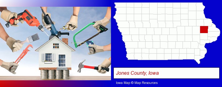 home improvement concepts and tools; Jones County, Iowa highlighted in red on a map