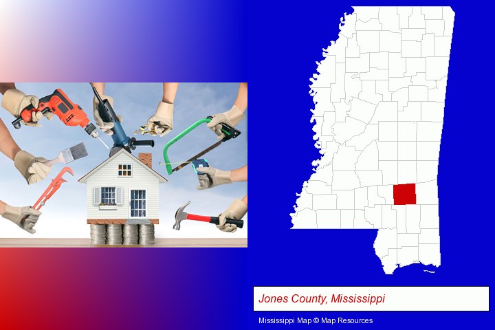 home improvement concepts and tools; Jones County, Mississippi highlighted in red on a map