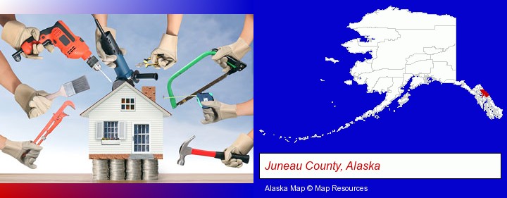 home improvement concepts and tools; Juneau County, Alaska highlighted in red on a map